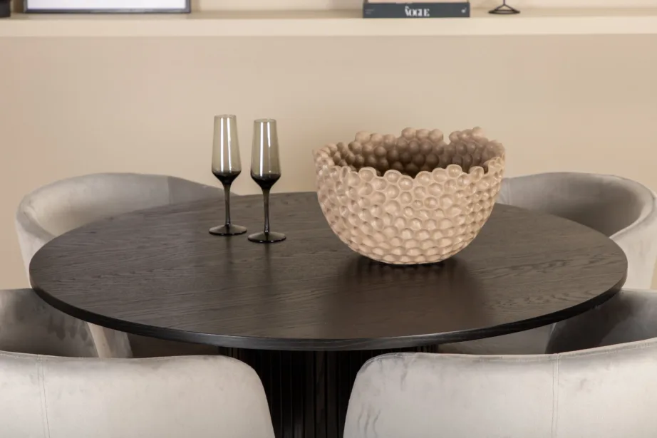 Ümmargune must söögilaud Bianca ja hallid sametist Berit toolid (4 tk), GR22501 – 6