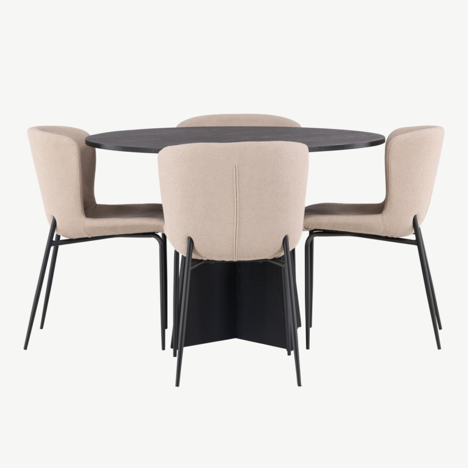 Ümmargune must söögilaud Bootcut + beežid bukleekangast Modesto toolid, GR23256 – 2