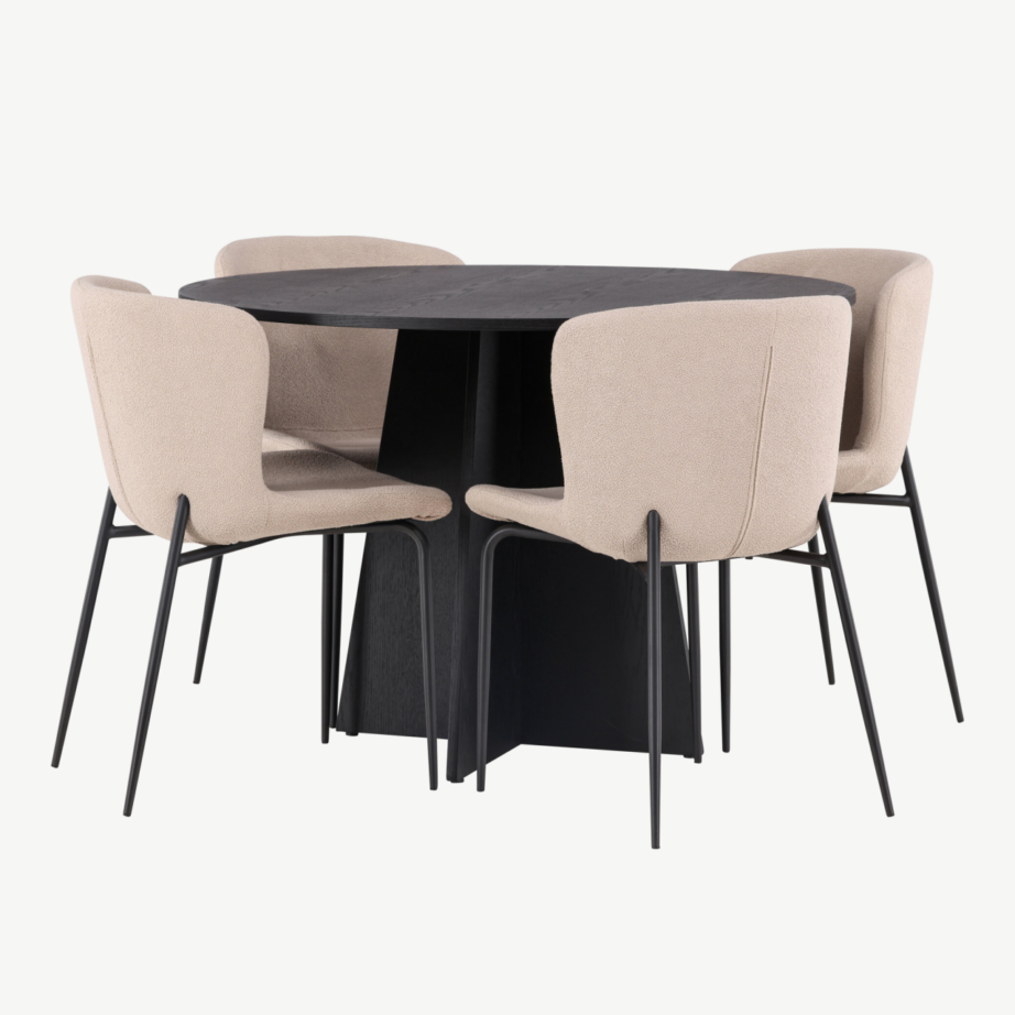 Ümmargune must söögilaud Bootcut + beežid bukleekangast Modesto toolid, GR23256 – 6