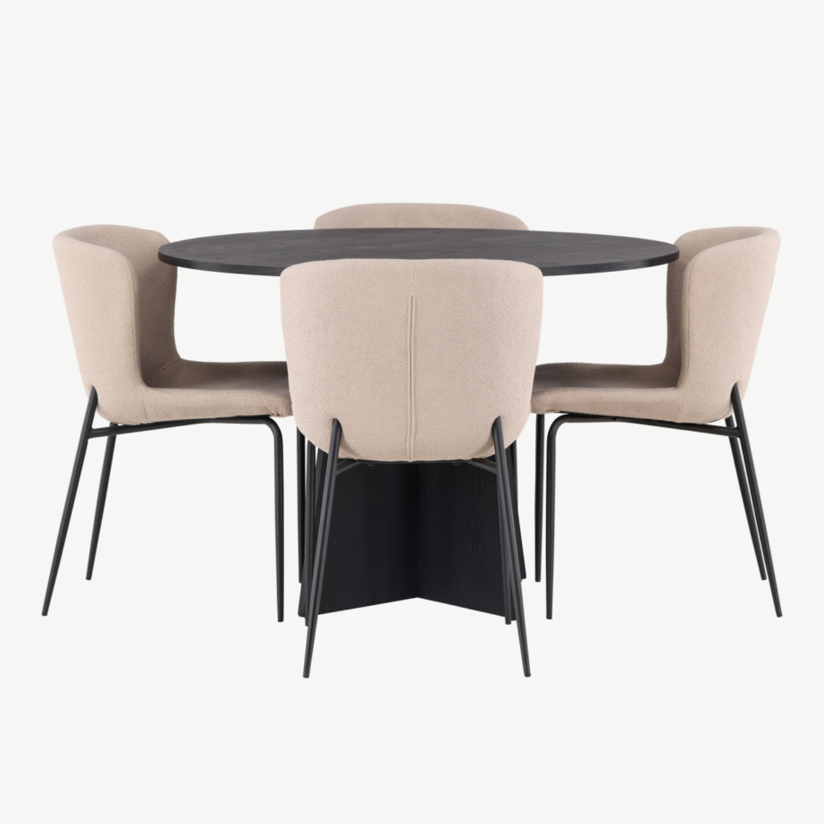 Ümmargune must söögilaud Bootcut + beežid bukleekangast Modesto toolid, GR23256 – 7