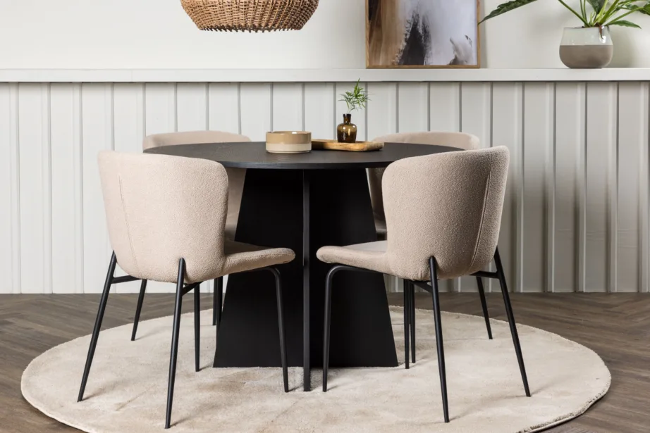 Ümmargune must söögilaud Bootcut + beežid bukleekangast Modesto toolid, GR23256 – 8