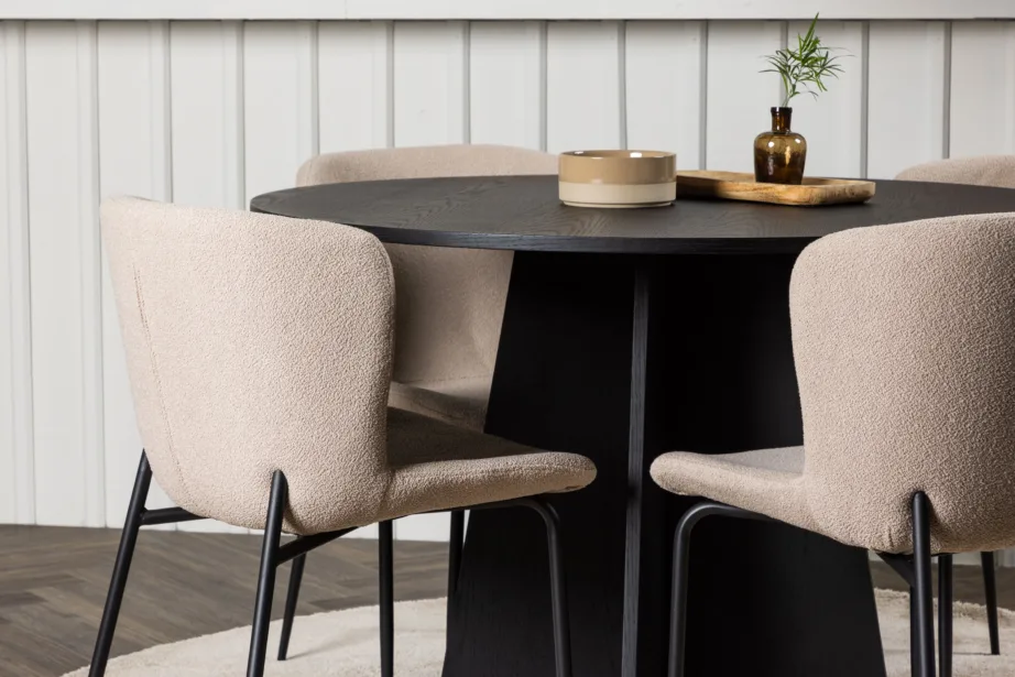 Ümmargune must söögilaud Bootcut + beežid bukleekangast Modesto toolid, GR23256 – 9