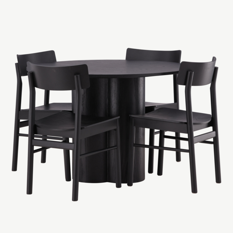 Ümmargune must söögilaud Olivia + 4 musta Montros tooli (MDF, diameeter 110 cm) - GR23105