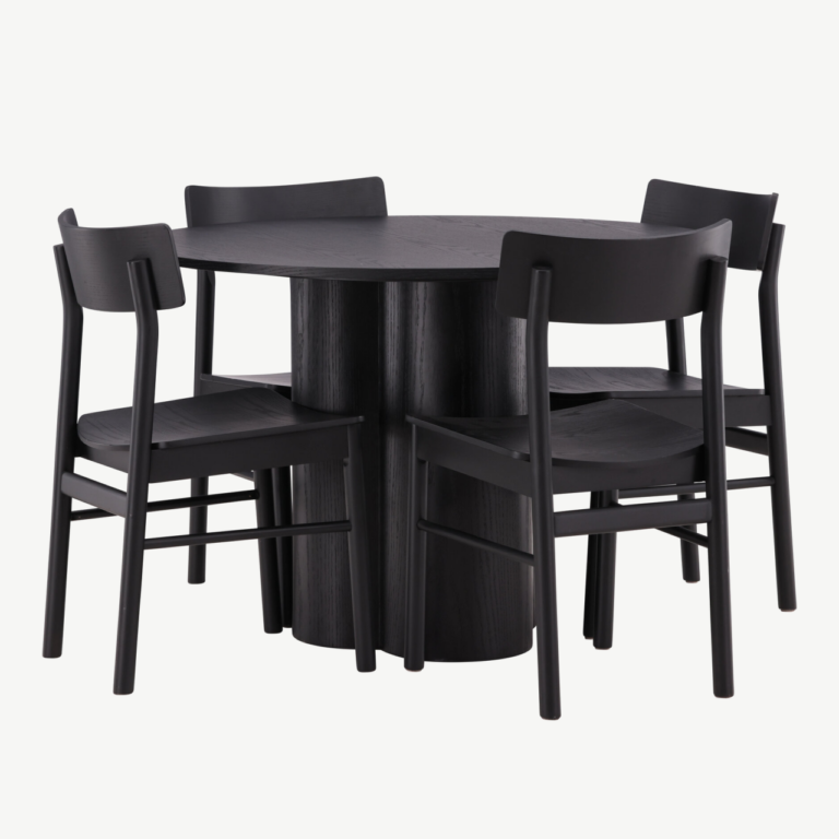 Ümmargune must söögilaud Olivia + 4 musta Montros tooli (MDF, diameeter 110 cm) - GR23105