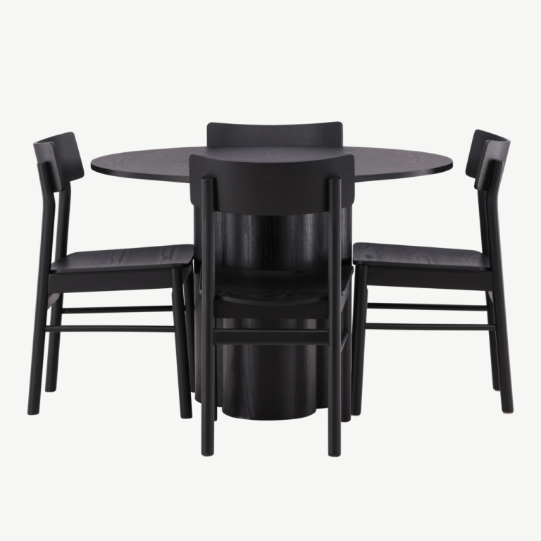 Ümmargune must söögilaud Olivia + 4 musta Montros tooli (MDF, diameeter 110 cm) - GR23105