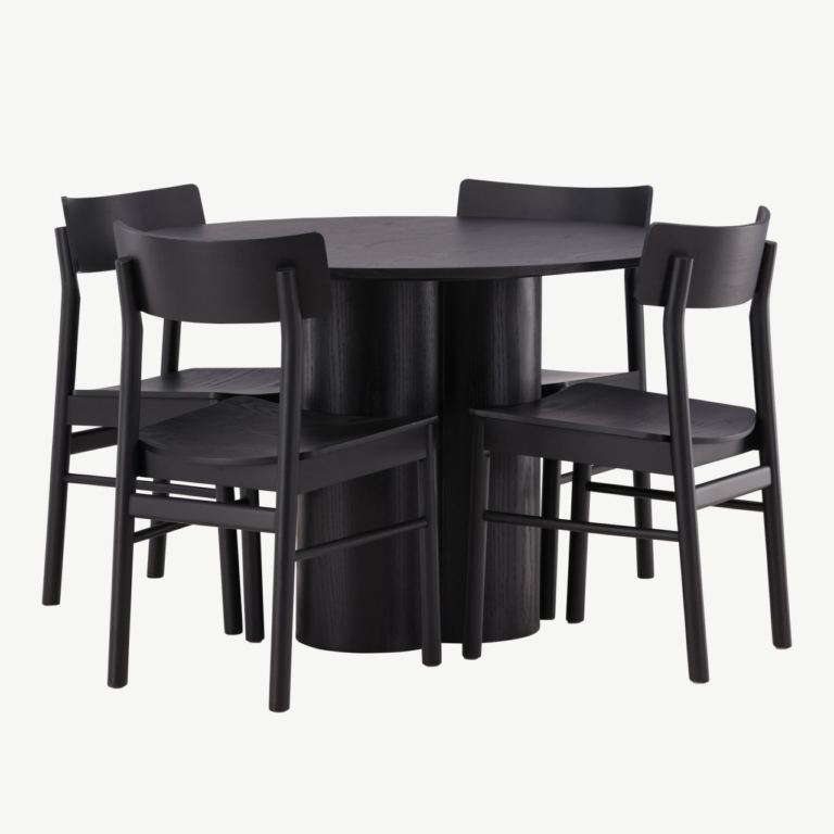 Ümmargune must söögilaud Olivia + 4 musta Montros tooli (MDF, diameeter 110 cm) - GR23105