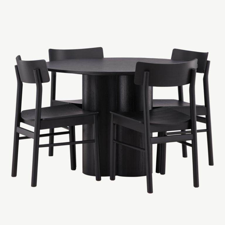 Ümmargune must söögilaud Olivia + 4 musta Montros tooli (MDF, diameeter 110 cm) - GR23105