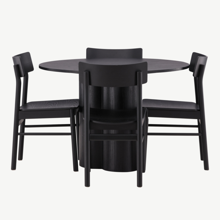 Ümmargune must söögilaud Olivia + 4 musta Montros tooli (MDF, diameeter 110 cm) - GR23105