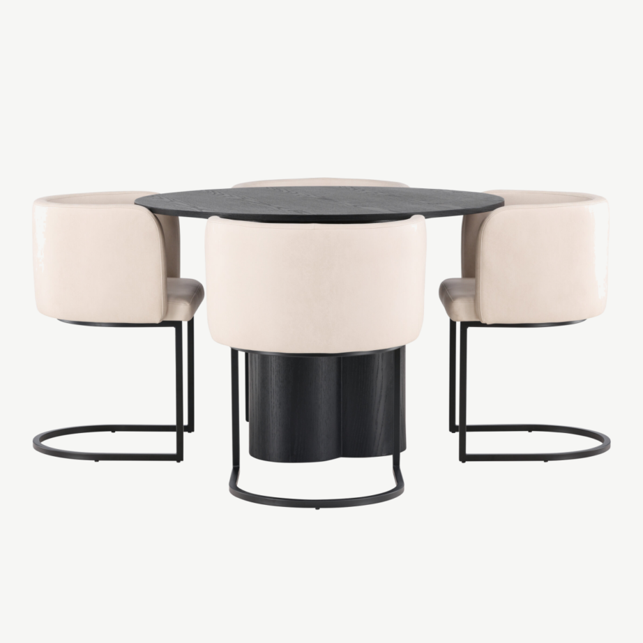 Ümmargune must söögilaud Olivia ja beežid polsterdatud toolid (komplekt 4 tooliga, ø110 cm), GR23108 – 2