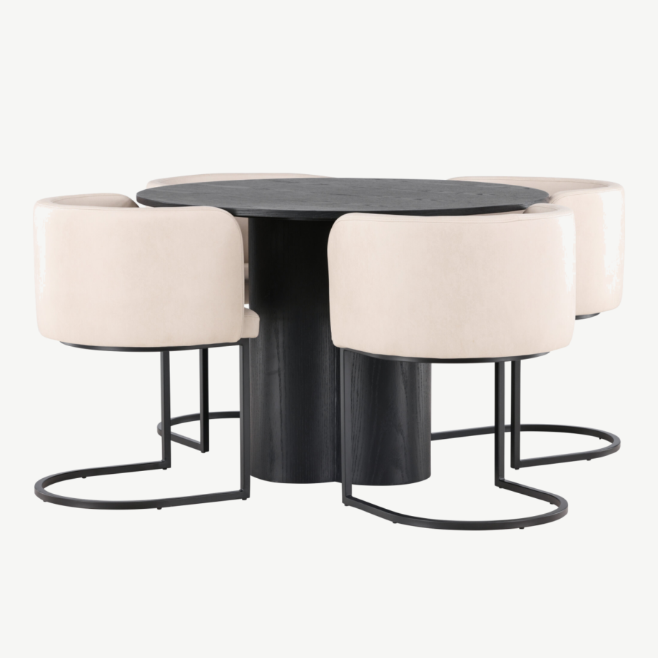 Ümmargune must söögilaud Olivia ja beežid polsterdatud toolid (komplekt 4 tooliga, ø110 cm), GR23108 – 6