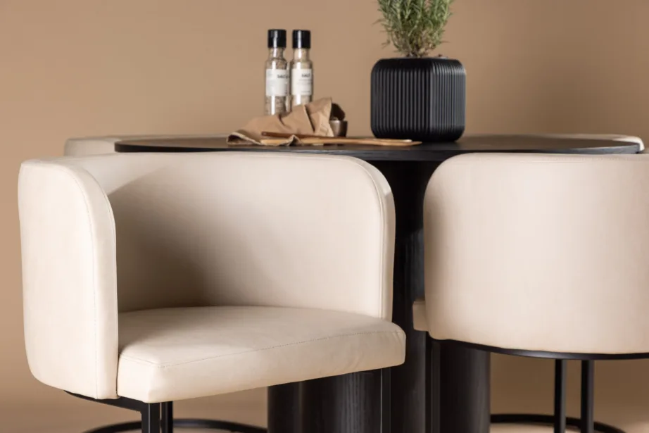 Ümmargune must söögilaud Olivia ja beežid polsterdatud toolid (komplekt 4 tooliga, ø110 cm), GR23108 – 9