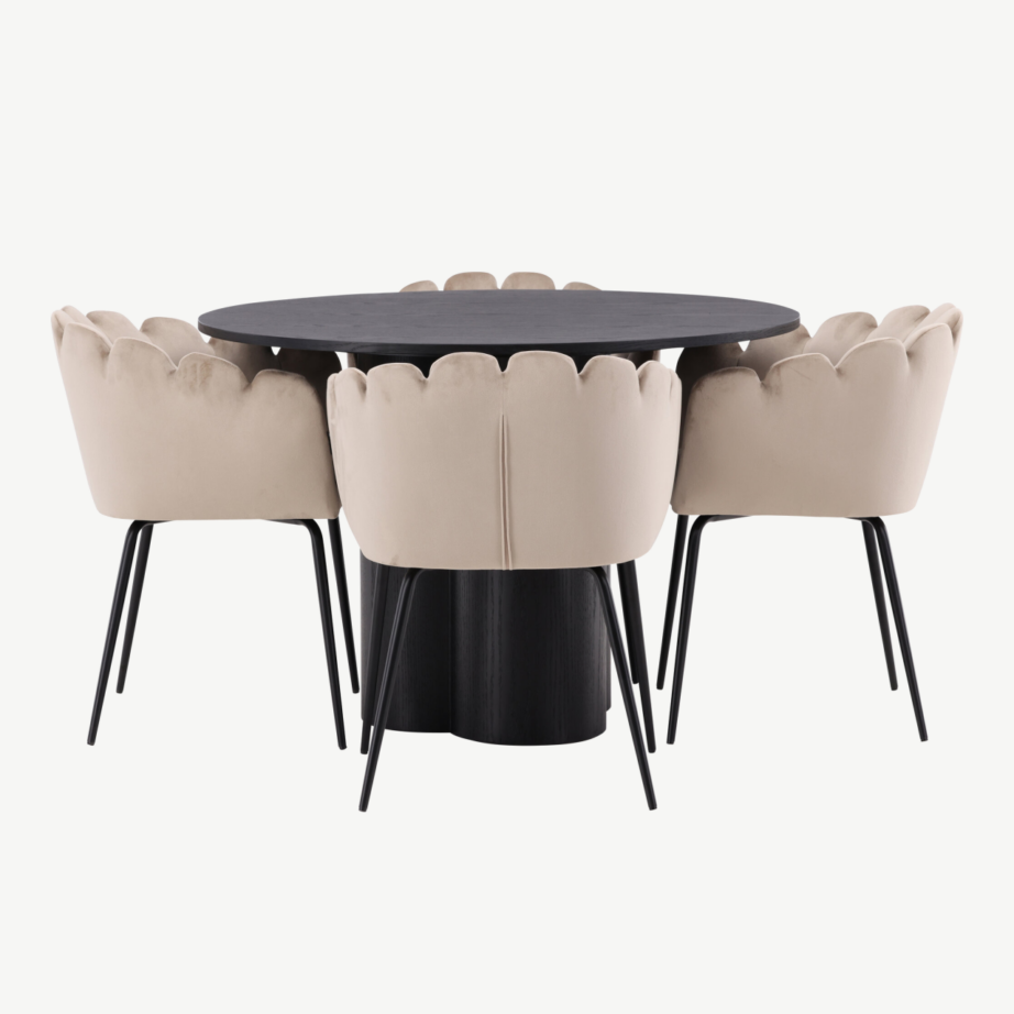 Ümmargune must söögilaud Olivia ja beežid sametist toolid Limhamn (4 tk), GR23101 – 2