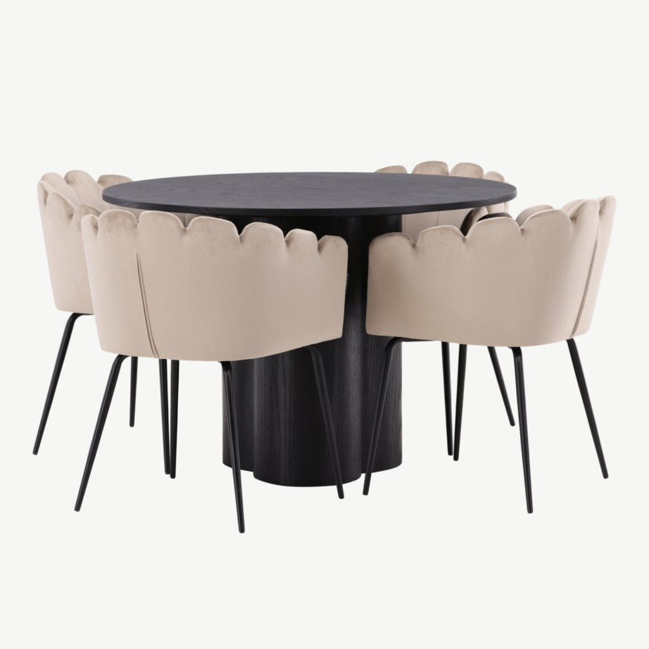 Ümmargune must söögilaud Olivia ja beežid sametist toolid Limhamn (4 tk), GR23101 – 3
