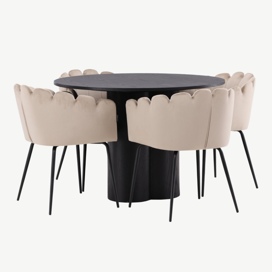 Ümmargune must söögilaud Olivia ja beežid sametist toolid Limhamn (4 tk), GR23101 – 4