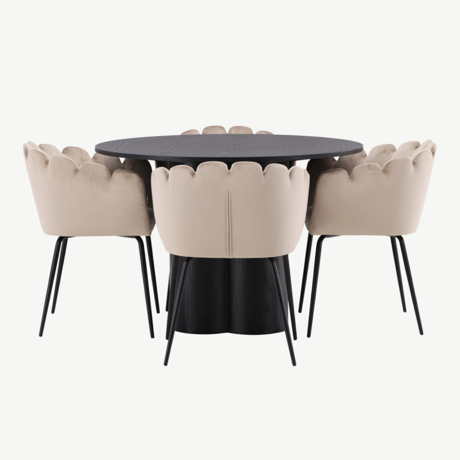Ümmargune must söögilaud Olivia ja beežid sametist toolid Limhamn (4 tk), GR23101 – 5