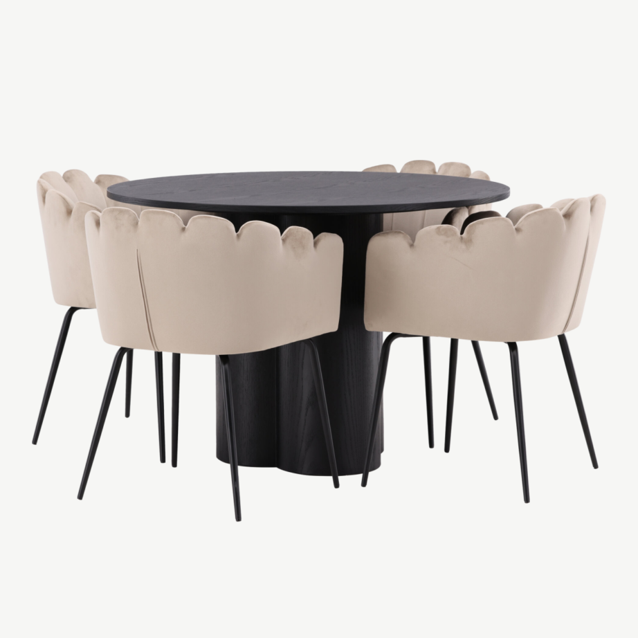 Ümmargune must söögilaud Olivia ja beežid sametist toolid Limhamn (4 tk), GR23101