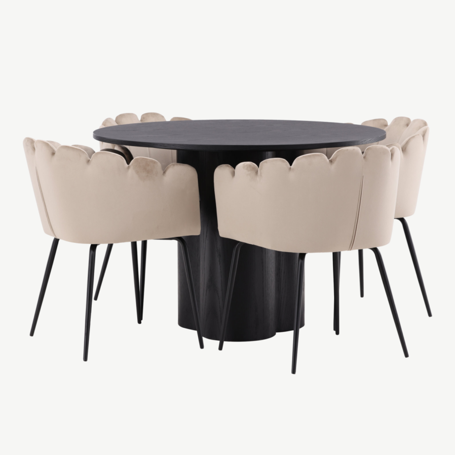 Ümmargune must söögilaud Olivia ja beežid sametist toolid Limhamn (4 tk), GR23101 – 6