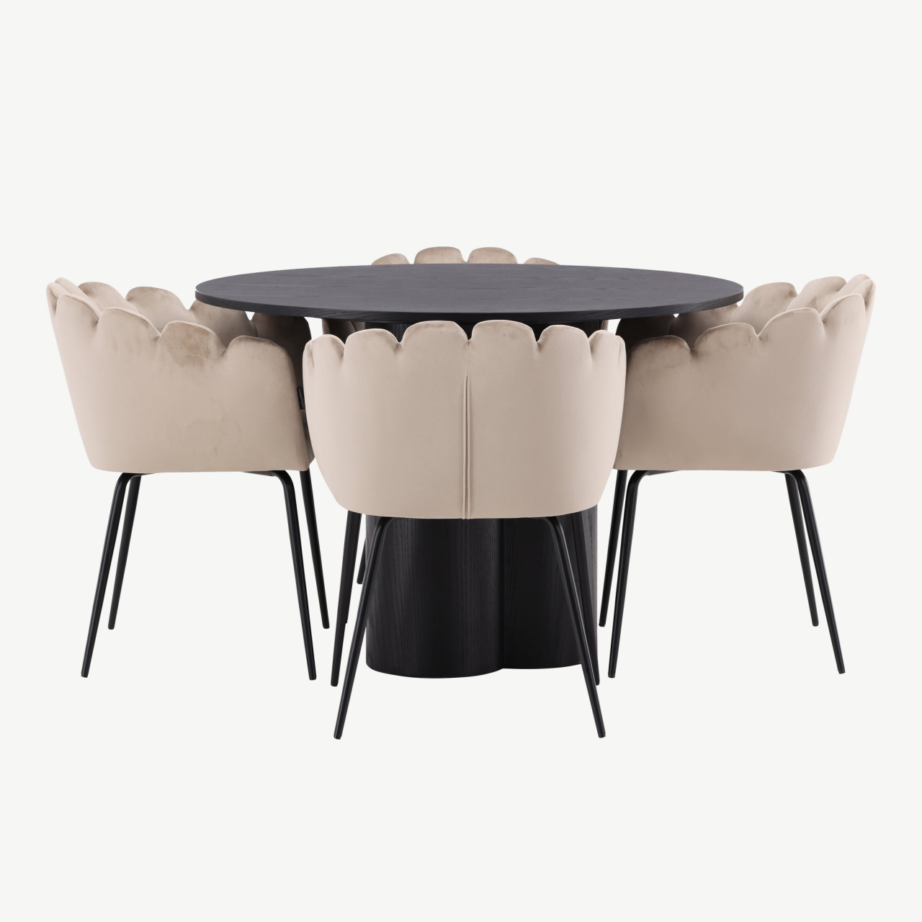 Ümmargune must söögilaud Olivia ja beežid sametist toolid Limhamn (4 tk), GR23101 – 7
