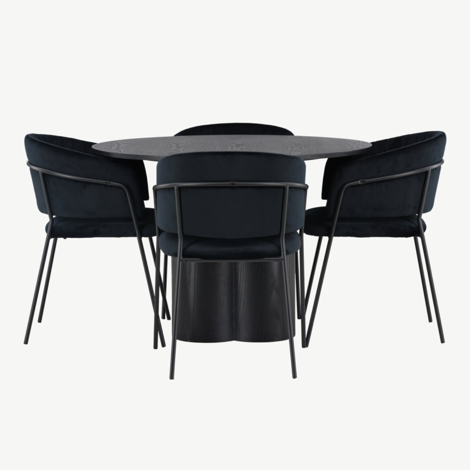 Ümmargune must söögilaud Olivia ja mustad sametist söögitoolid Selma, GR23835 – 2