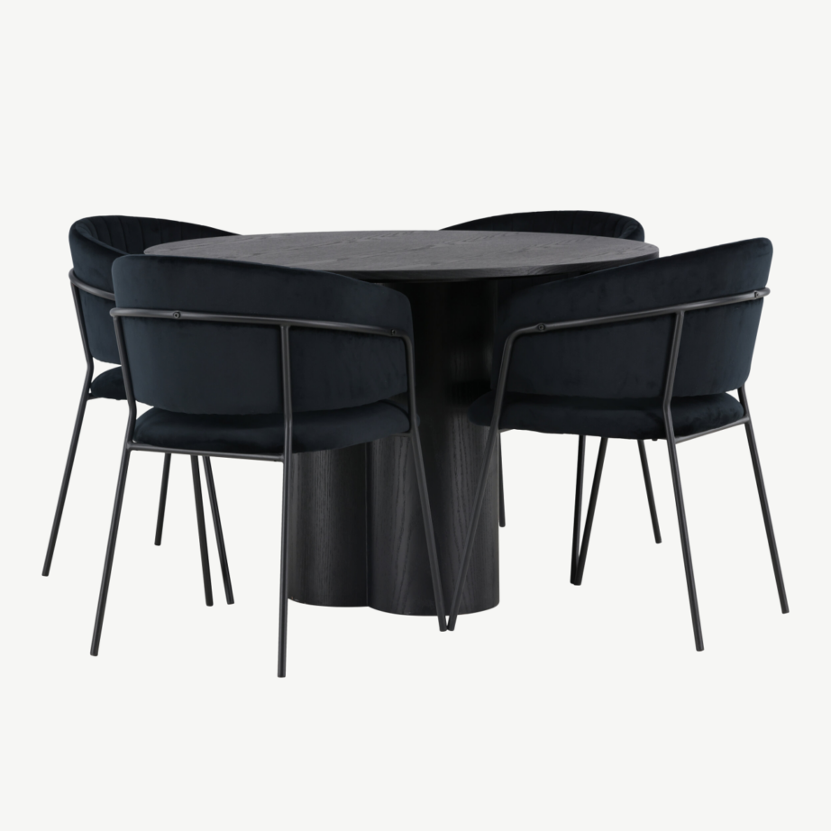 Ümmargune must söögilaud Olivia ja mustad sametist söögitoolid Selma, GR23835 – 3