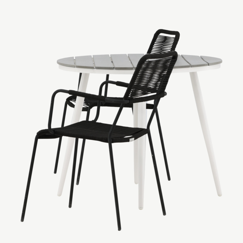 Ümmargune õuemööbli komplekt Break (hall aintwood, valge alumiinium, 2 musta köistoega tooli), GR22677 – 7