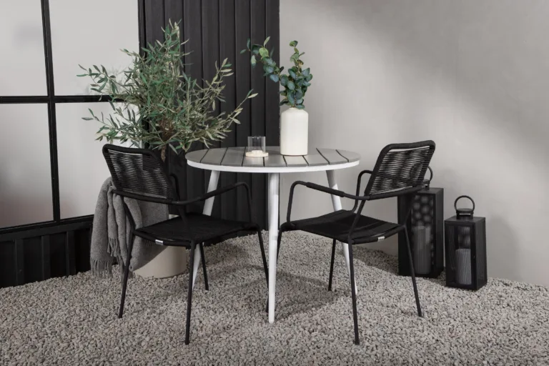Ümmargune õuemööbli komplekt Break (hall aintwood, valge alumiinium, 2 musta köistoega tooli) - GR22677