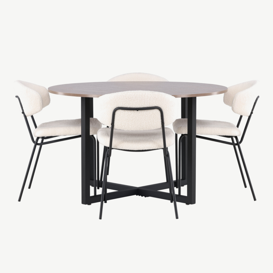 Ümmargune pähklitooni söögilaud Durango ja valged buklee toolid Chico (terase raam, ø120cm), GR23154 – 2