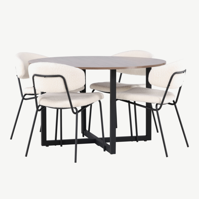 Ümmargune pähklitooni söögilaud Durango ja valged buklee toolid Chico (terase raam, ø120cm) - GR23154