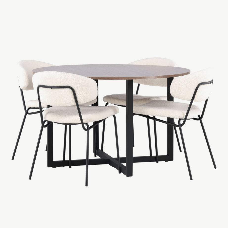 Ümmargune pähklitooni söögilaud Durango ja valged buklee toolid Chico (terase raam, ø120cm), GR23154 – 3