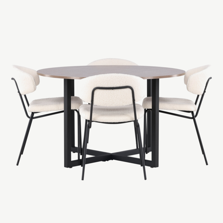 Ümmargune pähklitooni söögilaud Durango ja valged buklee toolid Chico (terase raam, ø120cm), GR23154 – 5