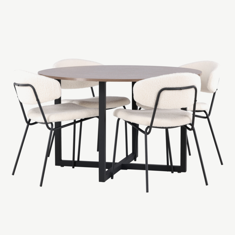 Ümmargune pähklitooni söögilaud Durango ja valged buklee toolid Chico (terase raam, ø120cm), GR23154 – 6