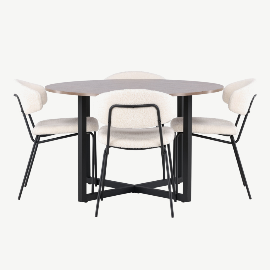 Ümmargune pähklitooni söögilaud Durango ja valged buklee toolid Chico (terase raam, ø120cm), GR23154 – 7