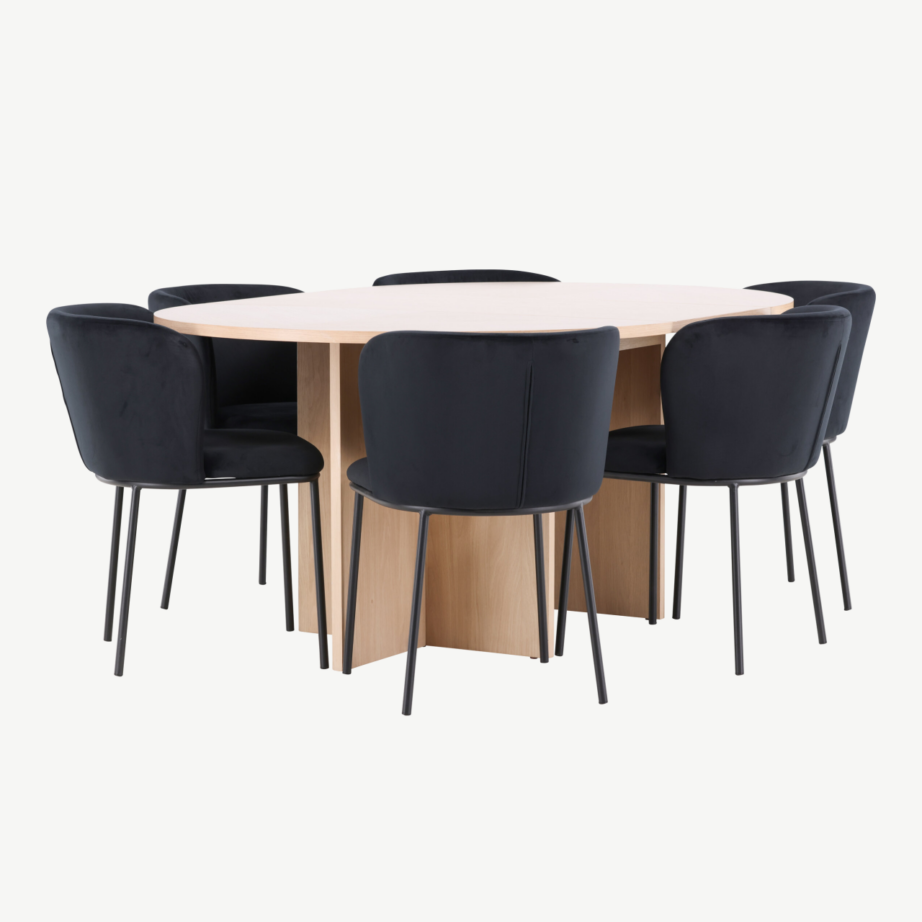 Ümmargune pikendatav söögilauakomplekt Strada hele viimistlusega laud ja 6 musta velvetkattega Edina tooli, GR24738 – 2