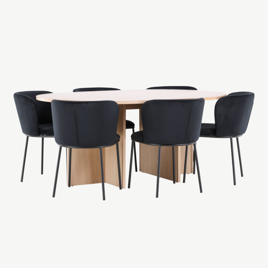 Ümmargune pikendatav söögilauakomplekt Strada hele viimistlusega laud ja 6 musta velvetkattega Edina tooli, GR24738 – 3