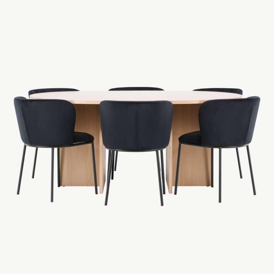 Ümmargune pikendatav söögilauakomplekt Strada hele viimistlusega laud ja 6 musta velvetkattega Edina tooli, GR24738 – 4