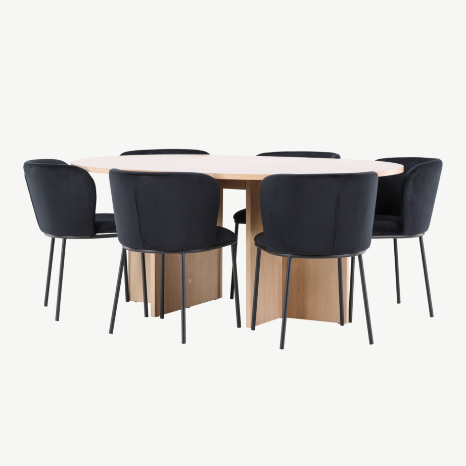 Ümmargune pikendatav söögilauakomplekt Strada hele viimistlusega laud ja 6 musta velvetkattega Edina tooli, GR24738 – 5