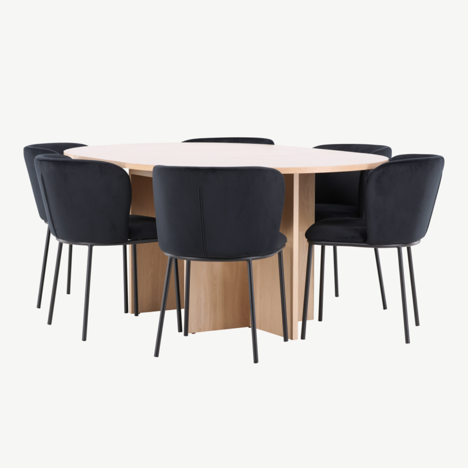 Ümmargune pikendatav söögilauakomplekt Strada hele viimistlusega laud ja 6 musta velvetkattega Edina tooli, GR24738 – 6