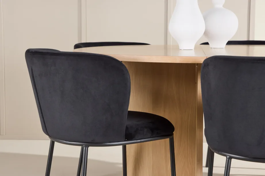 Ümmargune pikendatav söögilauakomplekt Strada hele viimistlusega laud ja 6 musta velvetkattega Edina tooli, GR24738 – 9