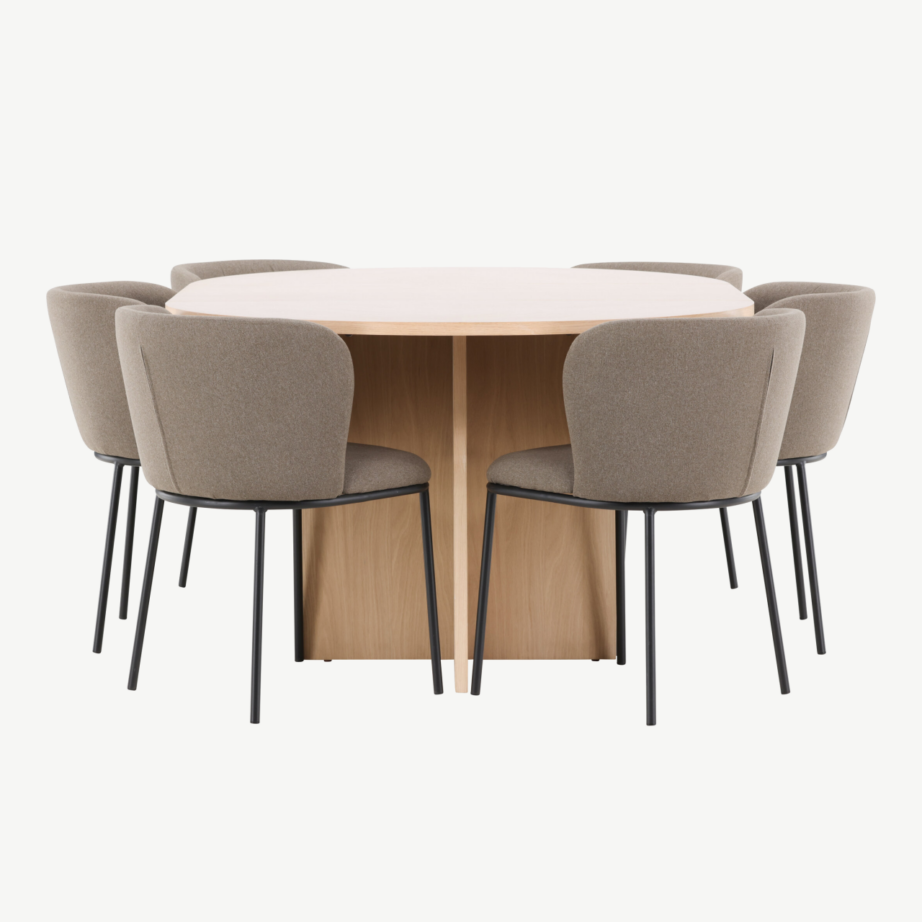 Ümmargune pikendatav söögilauakomplekt: valge peitsiga Strada laud ja 6 pruuni kangaga Edina tooli, GR24740