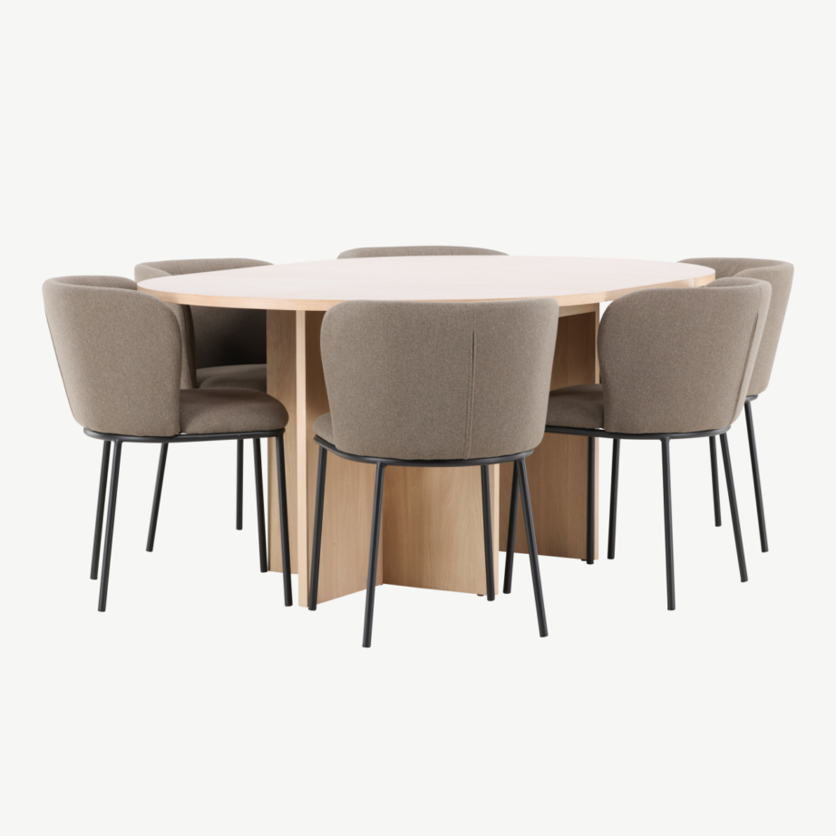 Ümmargune pikendatav söögilauakomplekt: valge peitsiga Strada laud ja 6 pruuni kangaga Edina tooli, GR24740 – 2