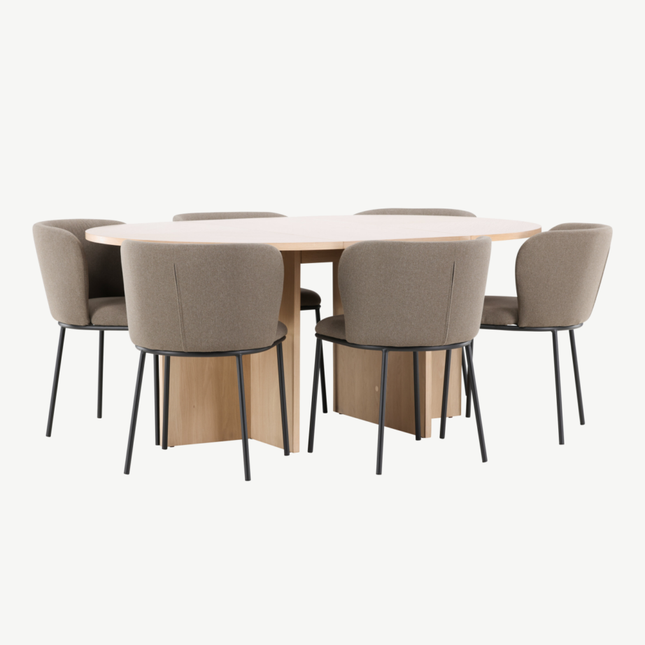 Ümmargune pikendatav söögilauakomplekt: valge peitsiga Strada laud ja 6 pruuni kangaga Edina tooli, GR24740 – 3