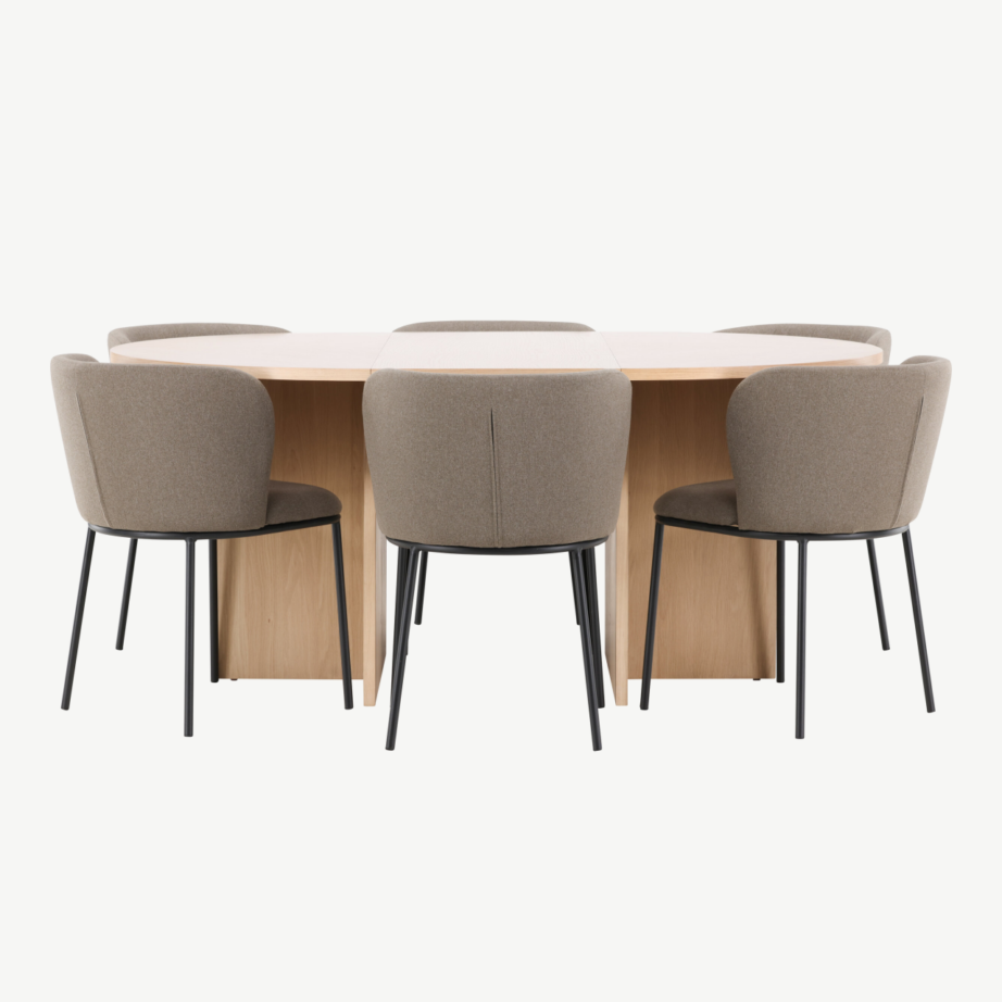 Ümmargune pikendatav söögilauakomplekt: valge peitsiga Strada laud ja 6 pruuni kangaga Edina tooli, GR24740 – 4