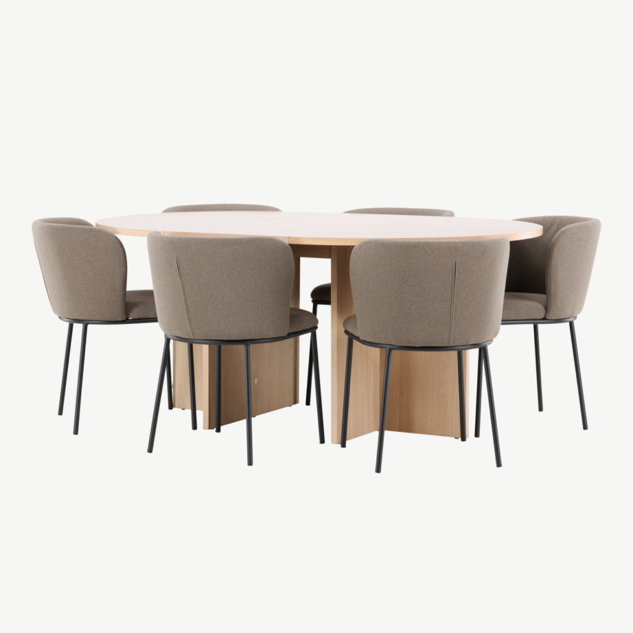 Ümmargune pikendatav söögilauakomplekt: valge peitsiga Strada laud ja 6 pruuni kangaga Edina tooli, GR24740 – 5