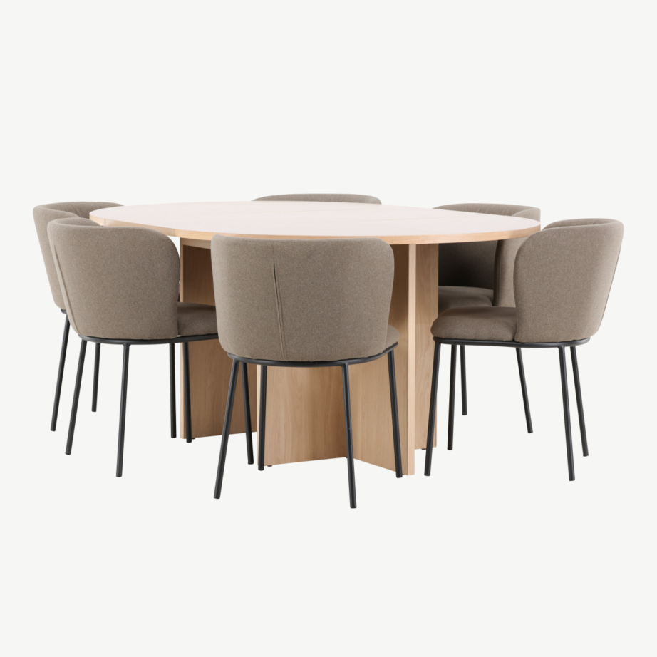 Ümmargune pikendatav söögilauakomplekt: valge peitsiga Strada laud ja 6 pruuni kangaga Edina tooli, GR24740 – 6