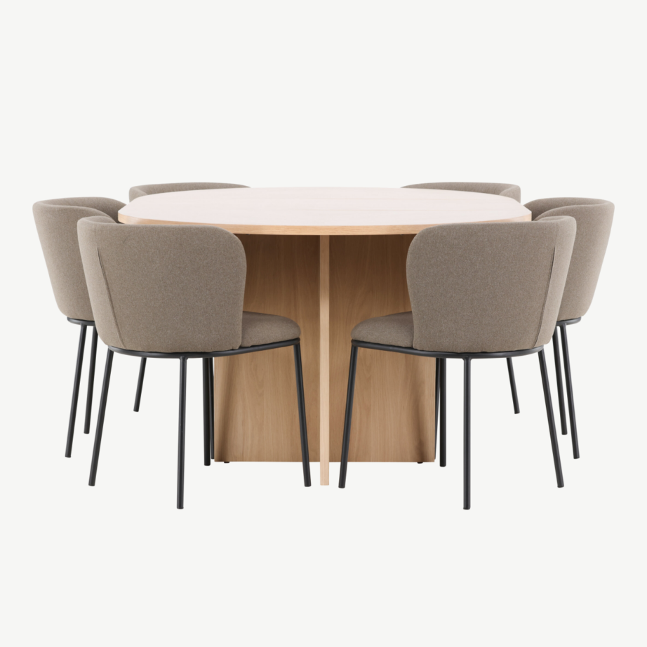 Ümmargune pikendatav söögilauakomplekt: valge peitsiga Strada laud ja 6 pruuni kangaga Edina tooli, GR24740 – 7