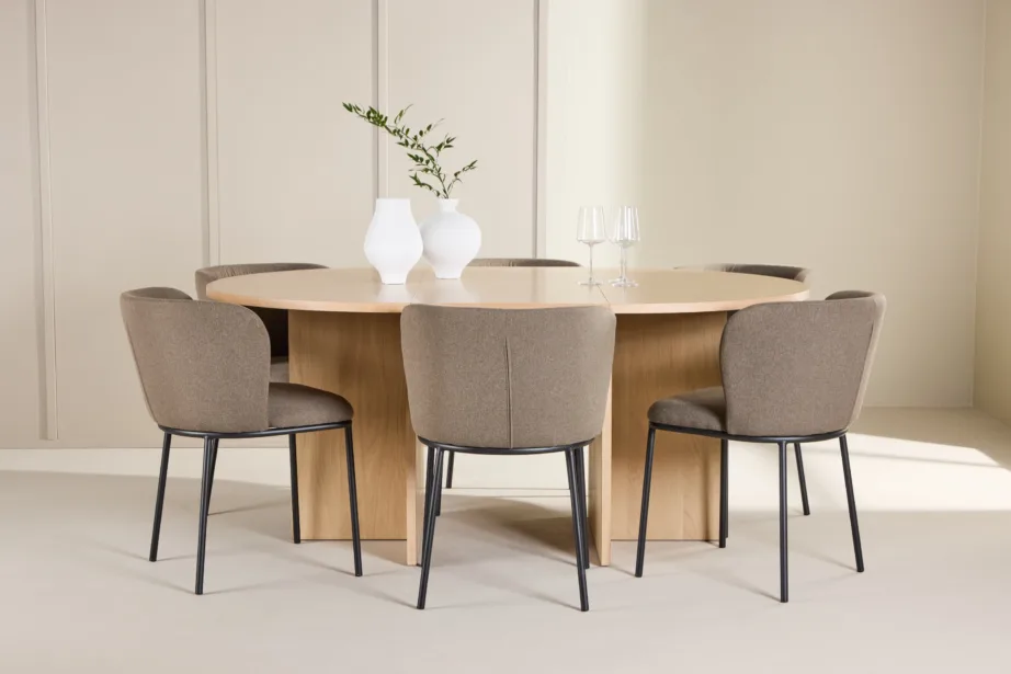 Ümmargune pikendatav söögilauakomplekt: valge peitsiga Strada laud ja 6 pruuni kangaga Edina tooli, GR24740 – 8