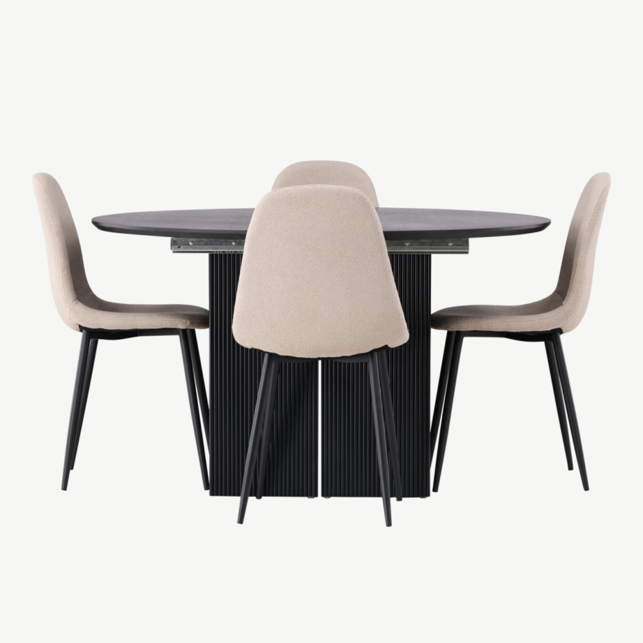 Ümmargune pikendatav söögilaud Matilda ja beežid buklee kattega toolid Polar (must, MDF, ø130cm), GR23543 – 2