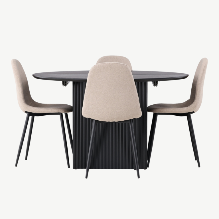 Ümmargune pikendatav söögilaud Matilda ja beežid buklee kattega toolid Polar (must, MDF, ø130cm) - GR23543