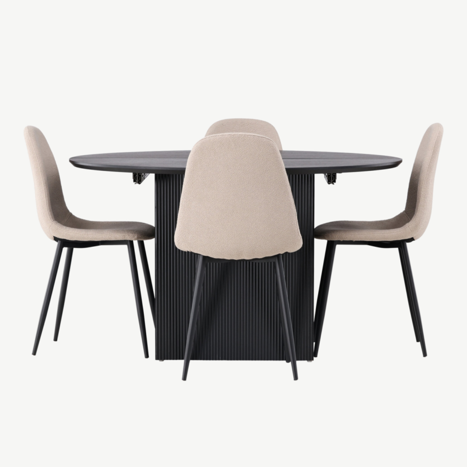 Ümmargune pikendatav söögilaud Matilda ja beežid buklee kattega toolid Polar (must, MDF, ø130cm), GR23543 – 3