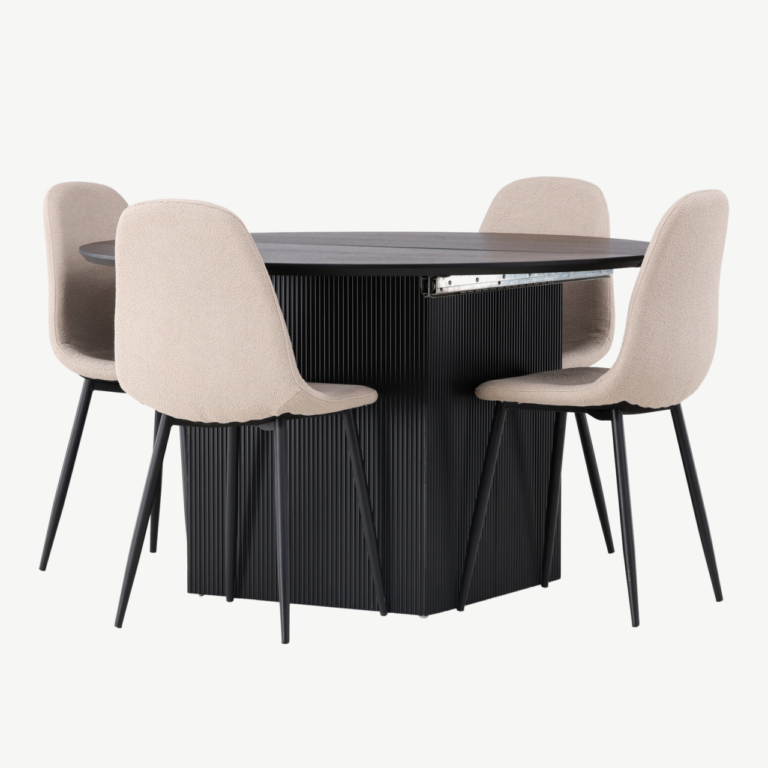 Ümmargune pikendatav söögilaud Matilda ja beežid buklee kattega toolid Polar (must, MDF, ø130cm) - GR23543